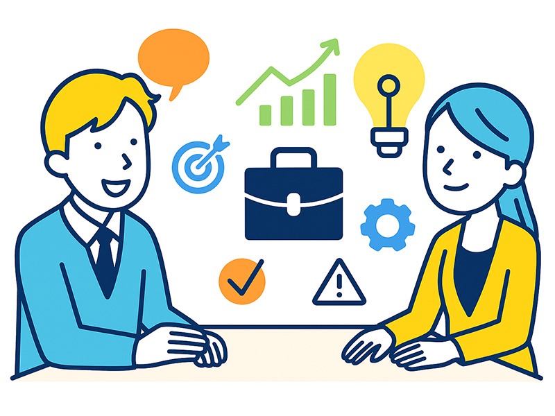 20代で転職回数が多い人の面接評価ポイントをイメージしたイラスト。男女の若手社会人が面接で前向きに話す姿を描き、成長や一貫性を示すアイコンを配置。