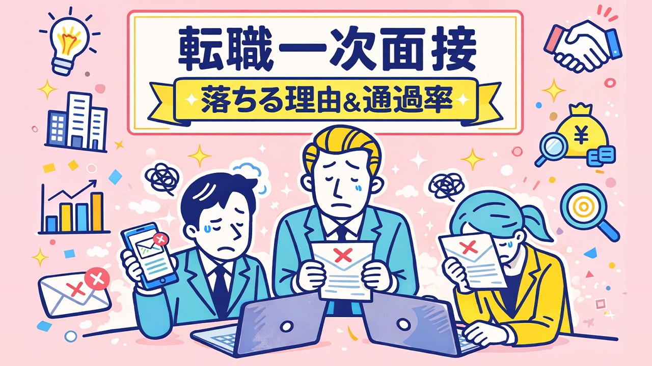 転職の一次面接で不採用通知メールを受け取り落ち込む転職者たちのイラスト｜落ちる理由と通過率を解説する記事用画像