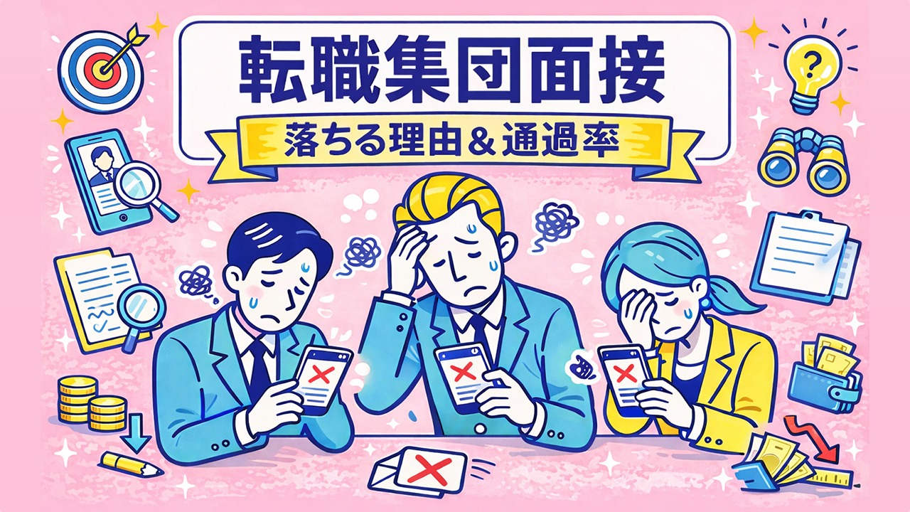 転職の集団面接で不採用通知メールを受け取り落ち込む求職者たちのイラスト｜転職 集団面接 落ちる理由 通過率