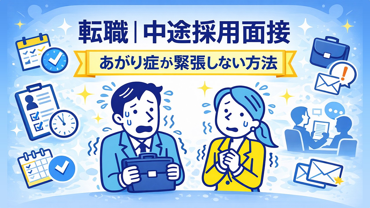 転職の中途採用面接で緊張しすぎて震える転職者と、あがり症が緊張しない方法を伝えるアイキャッチイラスト｜転職面接 緊張 苦手