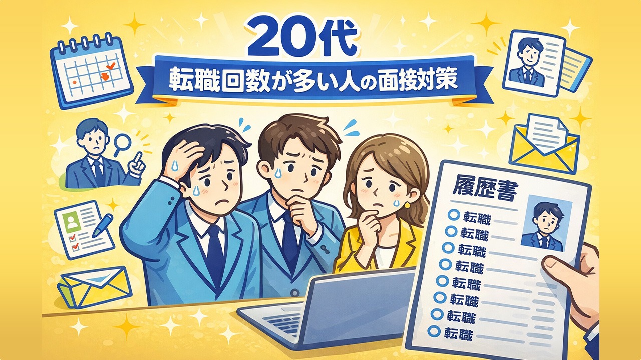 20代で転職回数が多く、履歴書を見て不安を感じながら面接対策を考える転職者たちのイラスト