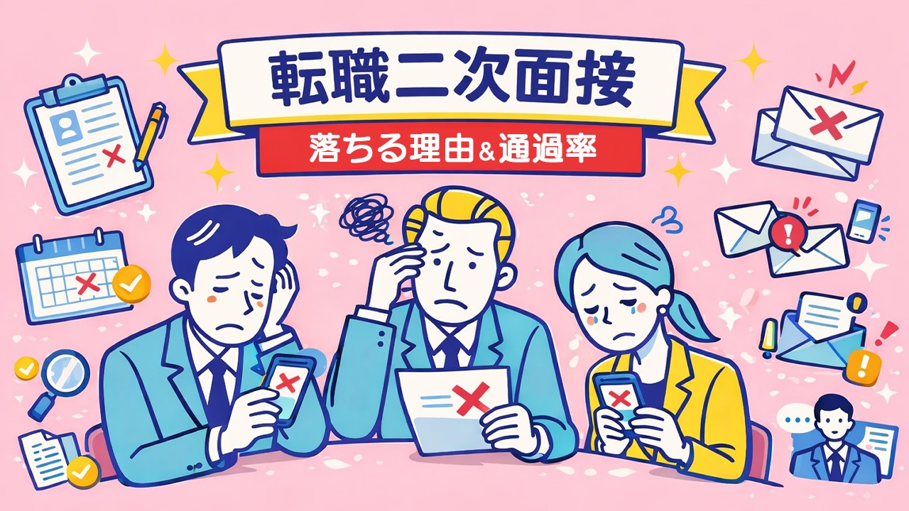 転職の二次面接で不採用通知メールを受け取り落ち込む転職者たちを描いたイラスト｜二次面接で落ちる理由と通過率を解説