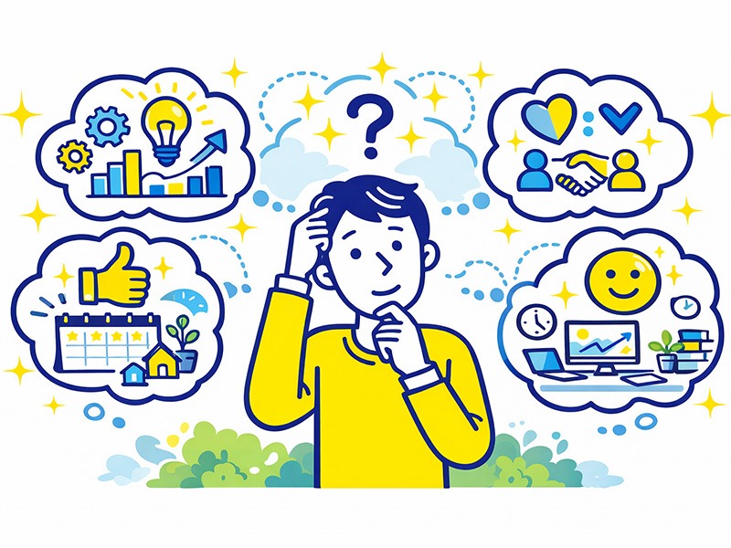 自分に合う仕事を考えるための判断軸を、得意・価値観・環境など複数の視点で整理する20代向けイラスト