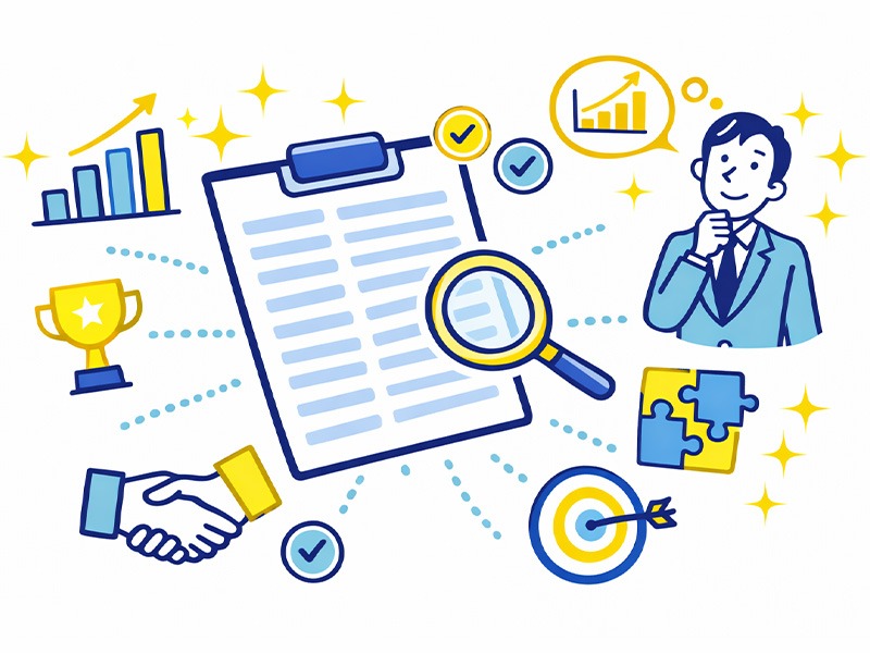 企業が職務経歴書で見ているポイントを整理し、実務経験やスキルの再現性を評価している様子を表したイメージ