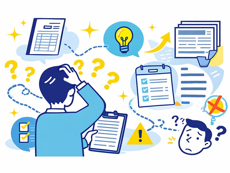 職務経歴書フォーマットが必要な理由を表したイラスト。情報整理ができず書き方に悩む状態と、テンプレート活用の重要性を示している