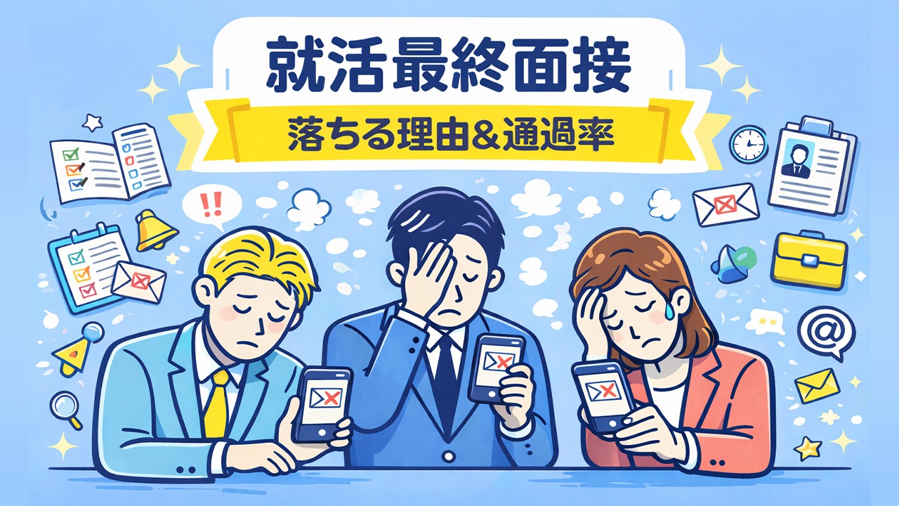 就活の最終面接で不採用通知メールを受け取り落ち込む就活者たちのイラスト｜就活 最終面接 落ちる理由 通過率