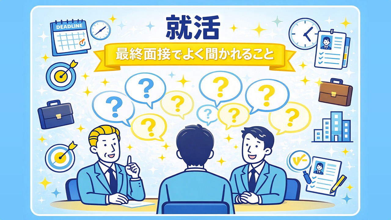 就活の最終面接でよく聞かれる質問をイメージした面接シーンのオリジナルイラスト