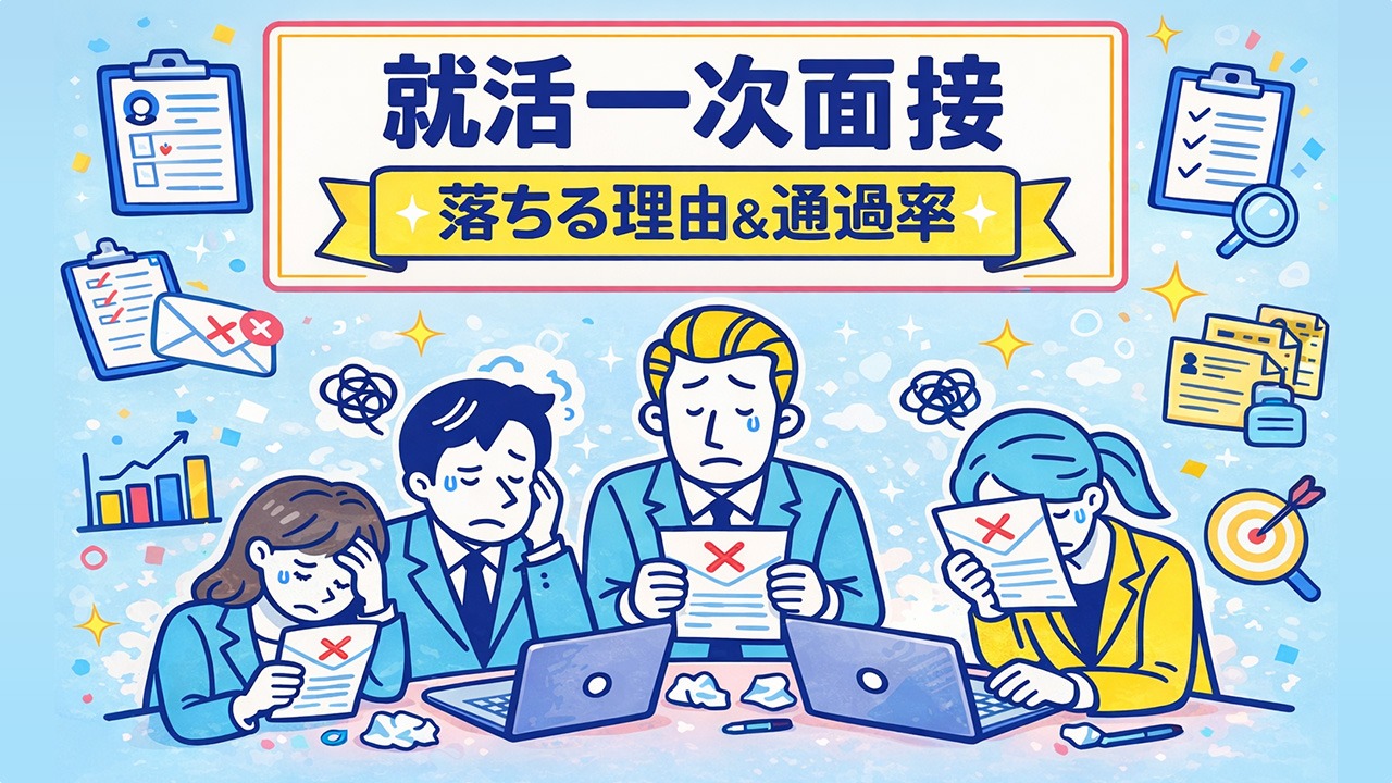 就活の一次面接で不採用通知メールを受け取り落ち込む就活生たちを描いたイラスト｜一次面接で落ちる理由と通過率を解説する記事用画像