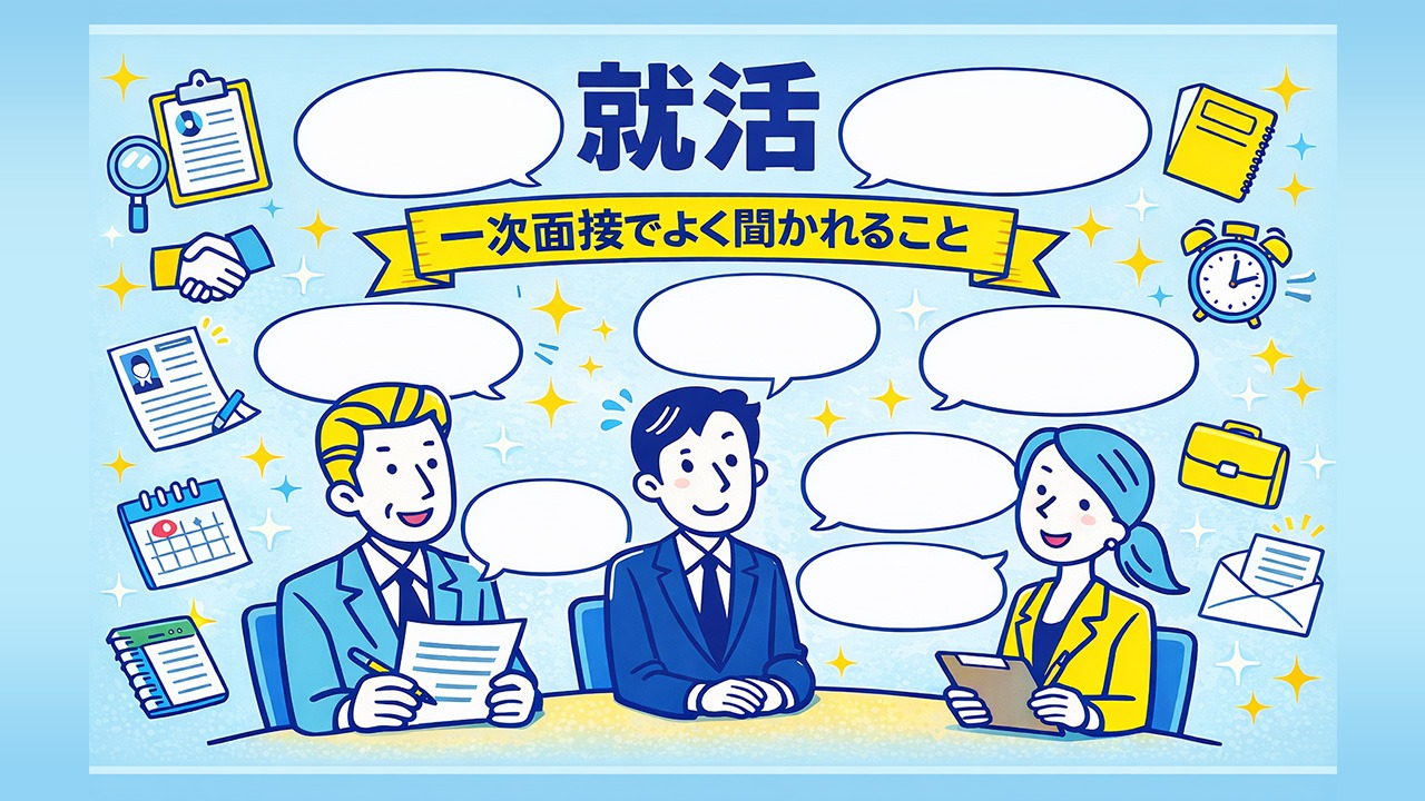 就活の一次面接でよく聞かれる質問を、吹き出し演出で表現した就職活動イメージイラスト