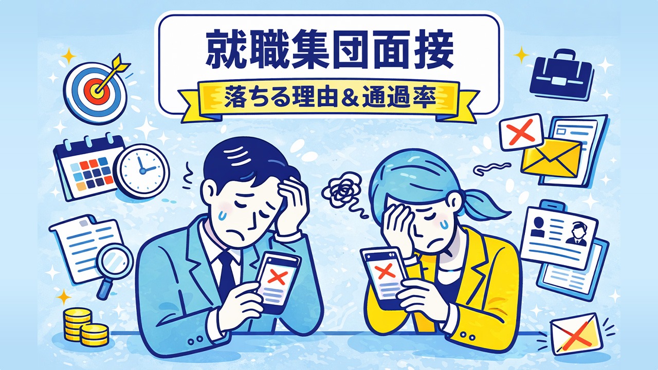 就職集団面接で不採用通知メールを受け取り落ち込む就活生たちのイラスト｜就職 集団面接 落ちる理由 通過率