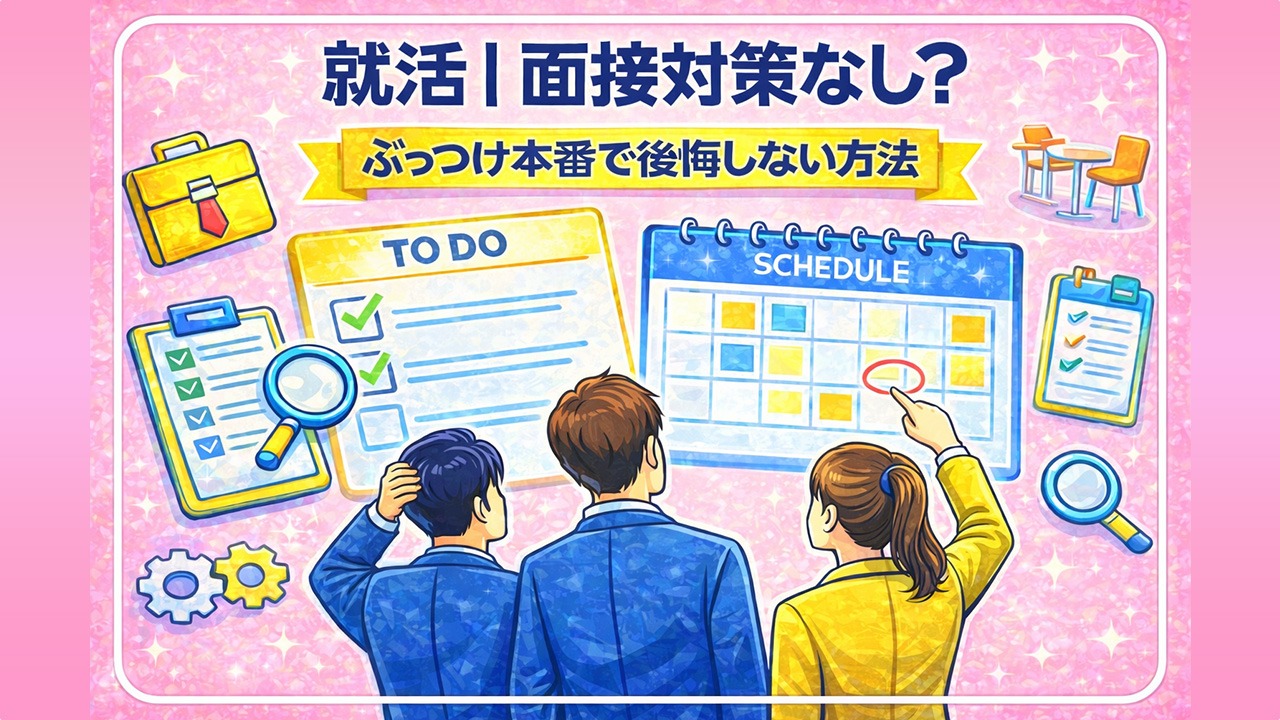 就活で面接対策をしないまま本番を迎えるリスクと、TODOリストとスケジュールで準備する重要性を表したイラスト｜就活 面接対策