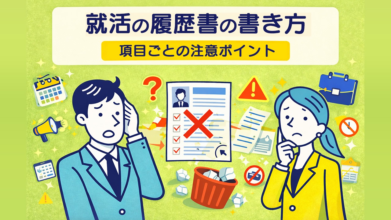 就活の履歴書の書き方を解説した図解イラスト。新卒向けに志望動機・学歴・アルバイト歴など項目ごとの注意ポイントを示している。