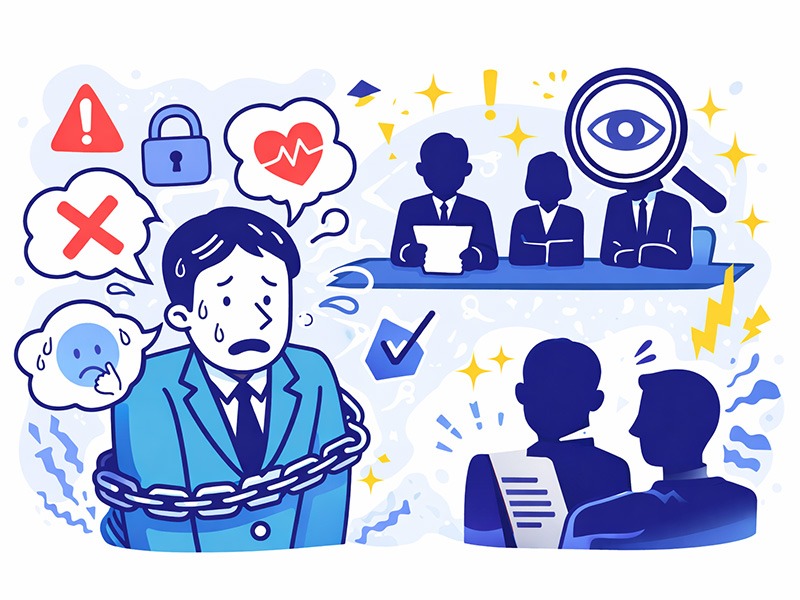 就活の面接で緊張が強まり、評価される場だと意識して頭が真っ白になる就活生の心理状態を表したイラスト｜就活 面接 緊張