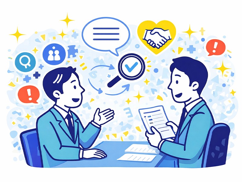 就活面接で評価される場だと緊張してしまう就活生が、対話を通じて人物理解を深める面接の様子を表したイラスト｜就活 面接 緊張