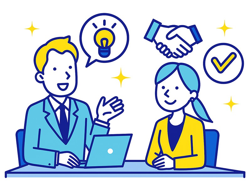 就活の一次面接で通過できる学生に共通する話し方や準備方法を表現したイラスト。簡潔な回答、企業理解と自己理解の結びつき、柔軟な対応力を象徴する構図。