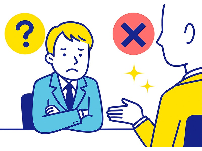 転職の一次面接でよくある失敗例と改善策を表現したイラスト。緊張して答えに詰まる応募者と、穏やかに聞く面接官を青と黄色のフラットデザインで描写。