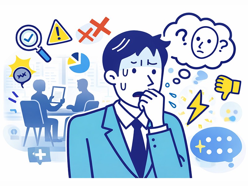 転職の中途採用面接で評価を意識しすぎて緊張し、頭が真っ白になる様子を表したイラスト｜転職面接 緊張 苦手
