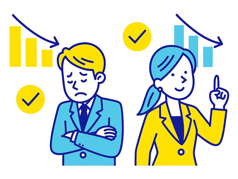 新卒就活の一次面接通過率と改善策をイメージしたイラスト。男女の就活生とグラフアイコンを使って、通過率の目安と対策ポイントを表現。