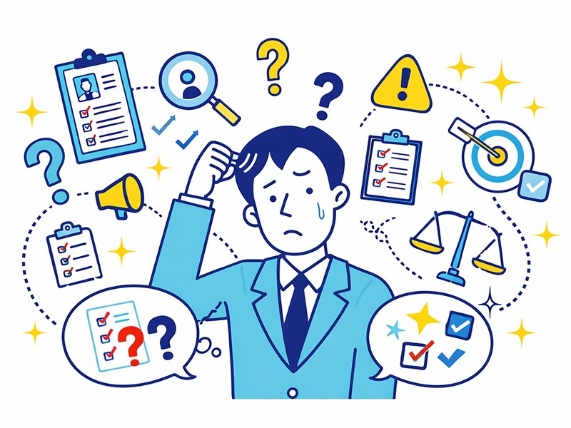 就活の面接対策で目的が曖昧なまま準備を進めてしまい、不安や優先順位に迷う就活生を表したイラスト