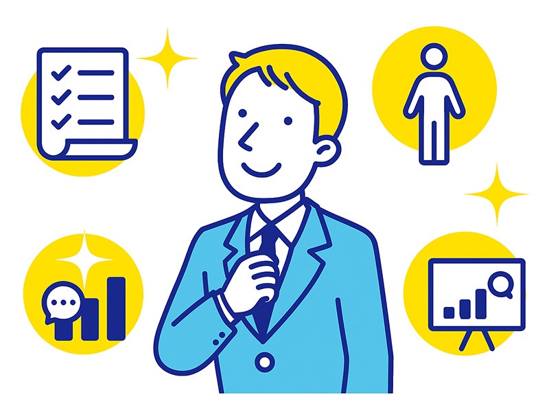 転職の一次面接を突破するための対策法を表現したイラスト。面接準備を整えるスーツ姿の男性と、チェックリストや成功を象徴するアイコンを青と黄色のフラットデザインで描写。