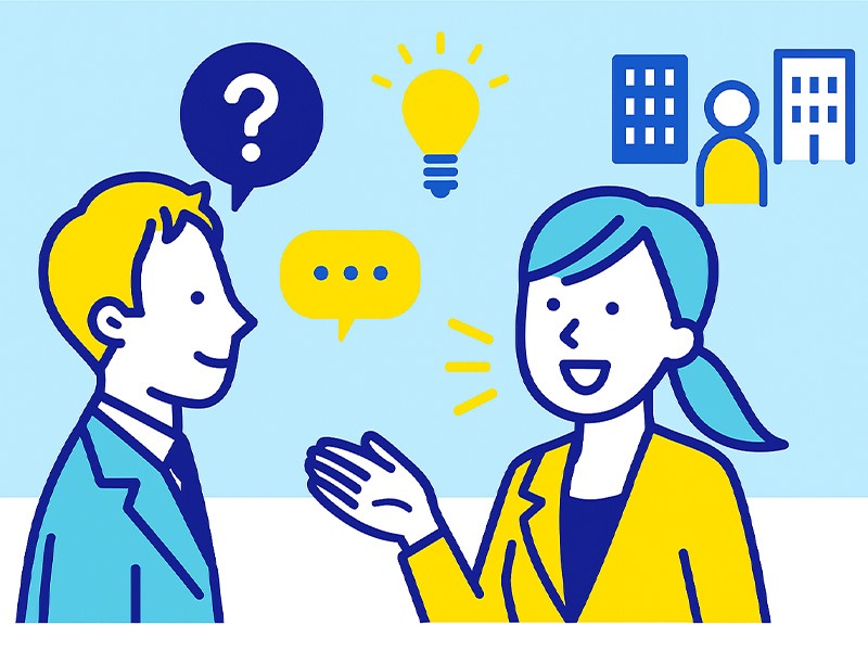 転職面接で応募者が逆質問を通じて理解力や主体性を伝える様子を描いたイラスト。面接官と応募者が向かい合い、吹き出しやチェックマークのアイコンが配置された青と黄色のフラットデザイン。