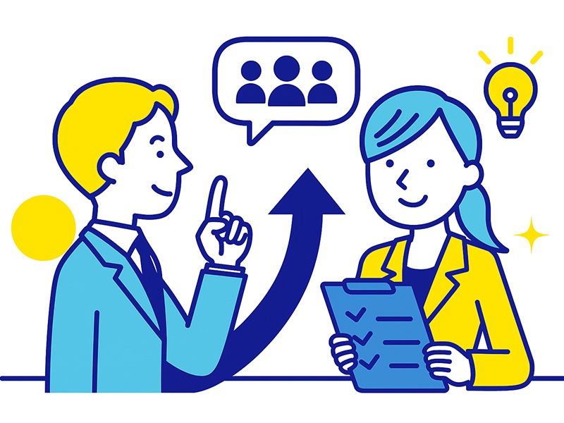 就職面接の二次面接で学生が現場社員に逆質問をする様子を描いたフラットイラスト。主体性やチーム貢献意識を表現。