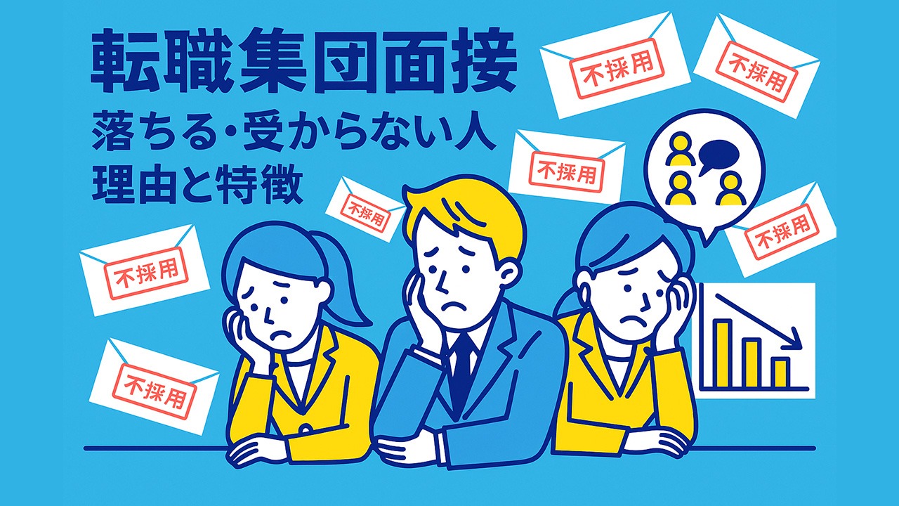 転職の集団面接で落ちる理由を表す不採用通知と落ち込む応募者のイラスト