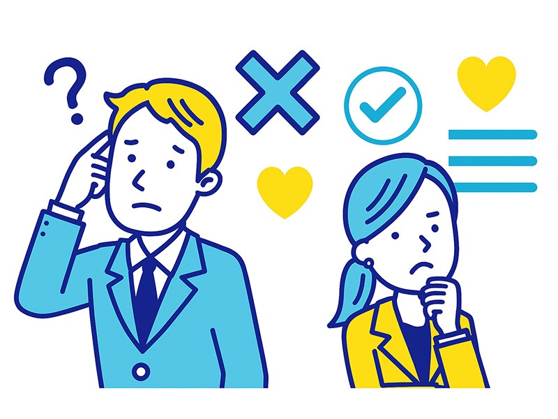 転職の二次面接と一次面接の違いを表現したイラスト。青と黄色のフラットデザインで、スーツ姿の男女が面接官と対話する様子を描き、背景に質問アイコンや価値観・実務力を象徴するマークを配置した横長構図。