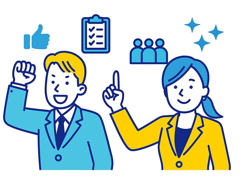 転職の二次面接で企業が見ている評価ポイントを表現したイラスト。青と黄色のフラットデザインで、実務力・再現性・組織適応力をチェックする面接シーンを描き、背景にチェックリストや評価アイコンを配置した横長構図。