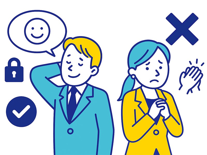 転職の二次面接で落ちる人の共通パターンを表現したイラスト。青と黄色のフラットデザインで、スーツ姿の男女が面接で不安そうに考え込む様子を描き、背景に心理的なモヤや評価メーターのアイコンを配置した白背景の横長構図。