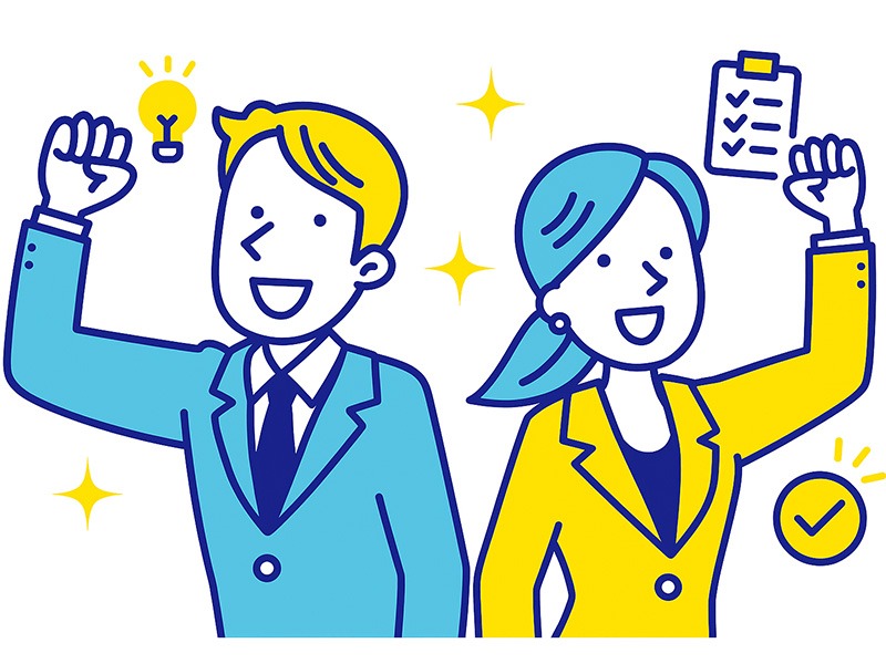 転職の二次面接で落ちないための改善策を表現したイラスト。青と黄色のフラットデザインで、スーツ姿の男女が前向きに面接準備を行う様子を描き、背景にチェックリストやひらめき、評価アップのアイコンを配置した横長構図。