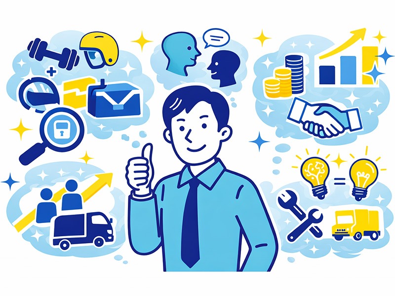 30代男性が未経験から始めやすい仕事を整理し、社会経験や強みを活かした現実的な選択肢を示すイラスト