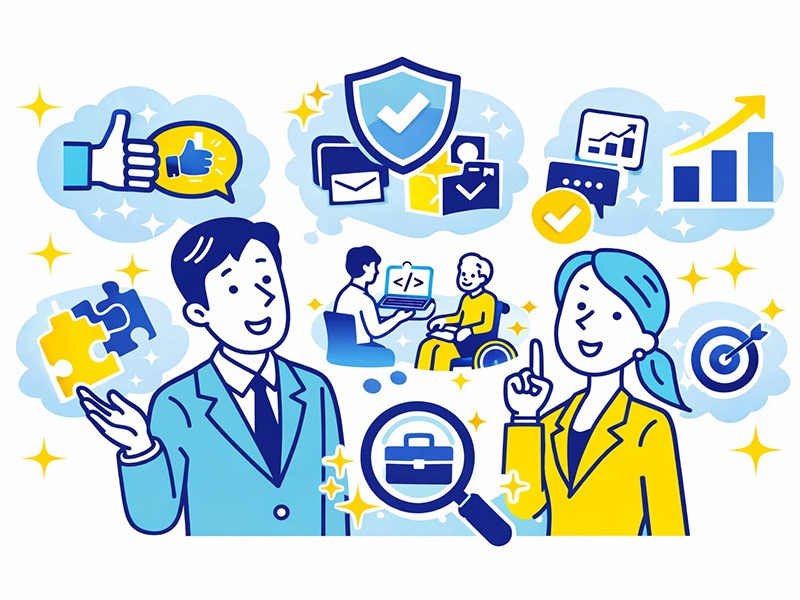 30代未経験でも目指せる職業の考え方を整理し、自分の強みや条件から仕事選びを考えるイラスト