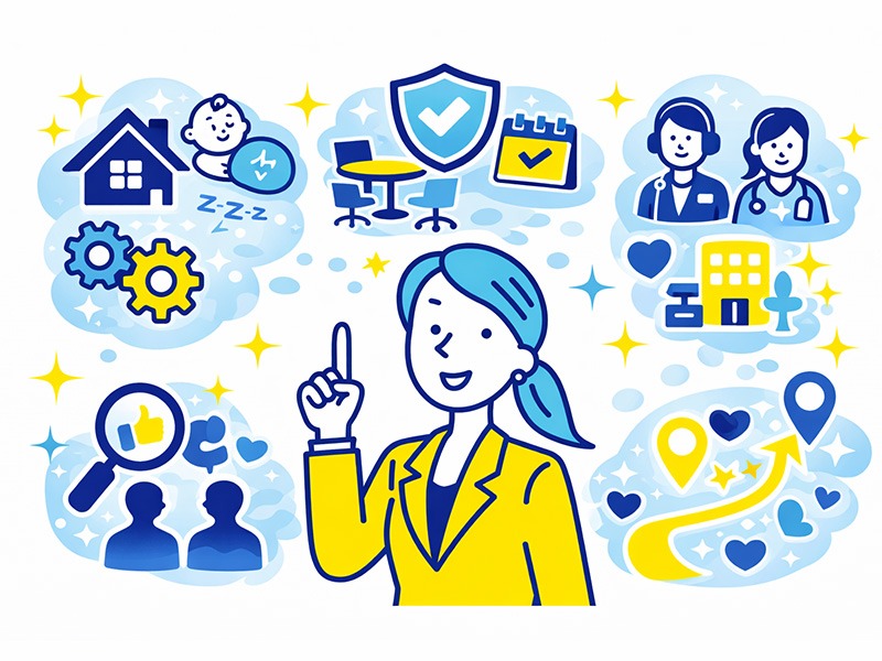 30代女性が未経験から始めやすい仕事を整理し、働き方の柔軟性や安定性を重視した選択肢を示すイラスト