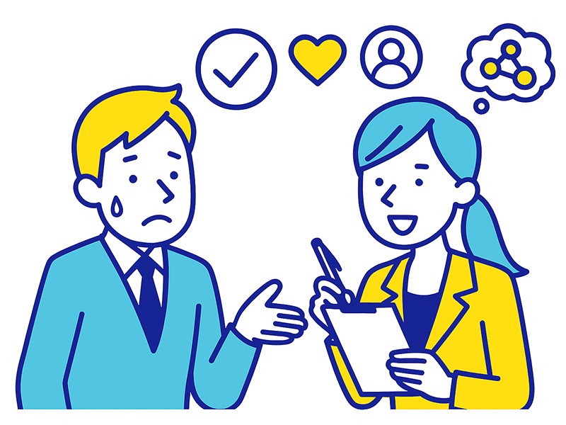 就活二次面接で見られる評価ポイントを示すイラスト。面接官が論理性や一貫性をチェックし、学生が深掘り質問に答える場面を表現した構図。
