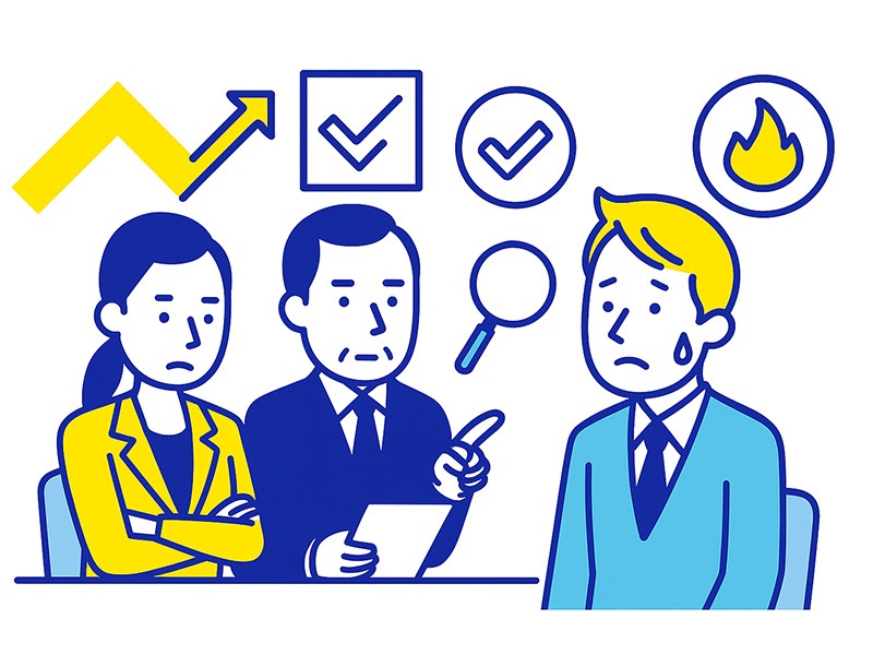 就活二次面接の通過率が低い理由を表すイラスト。一次より厳しい評価基準で管理職面接官が深掘りし、新卒学生が緊張する様子を描いた構図。