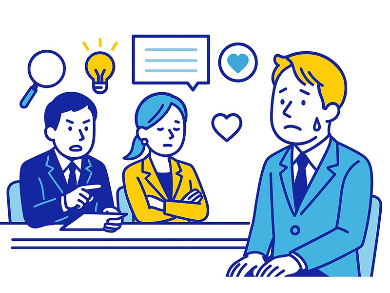 就活二次面接で落ちる主な理由を示すイラスト。深掘り質問に戸惑う学生と、厳しく評価する面接官を描いた構図。