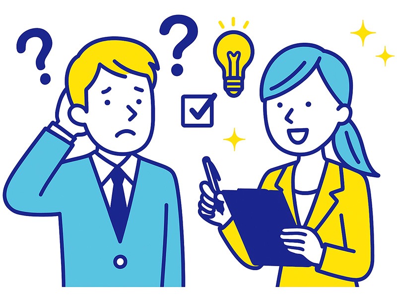 就活二次面接で落ちる学生の特徴と対策を表すイラスト。深掘り質問に戸惑う学生と、評価ポイントを確認する面接官を描いた構図。