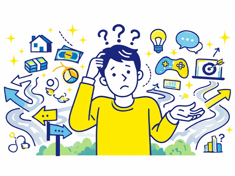 何がしたいかわからない20代が将来や仕事の選択肢に迷っている状態をアイコンで表現したイラスト