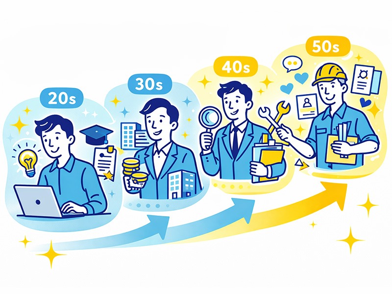 20代30代40代50代の年代別に、手に職の選択肢や準備の考え方を整理した男性向けイラスト