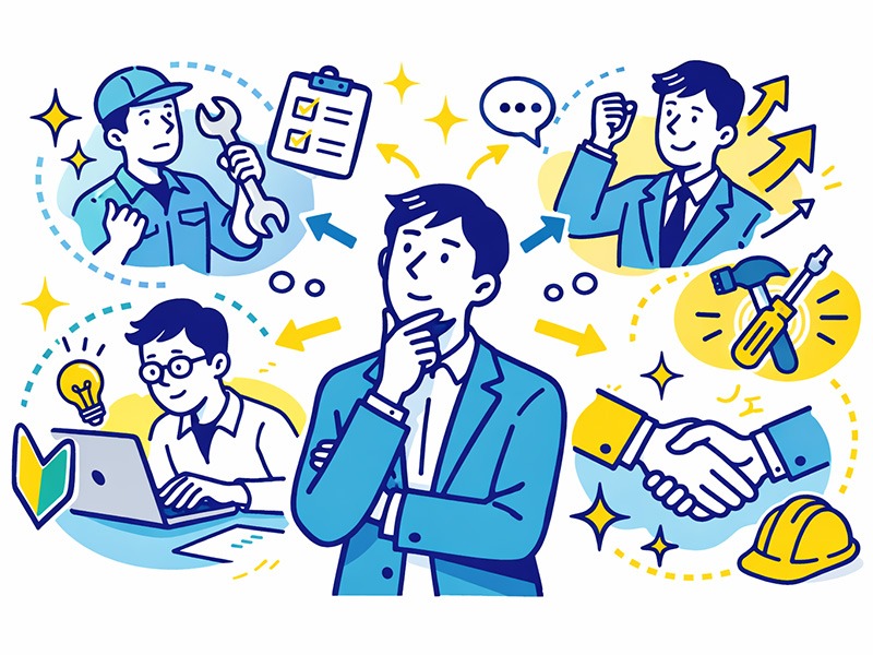 性格タイプや行動傾向から手に職の向き不向きを整理し、相性の良い仕事を考える男性向けイラスト