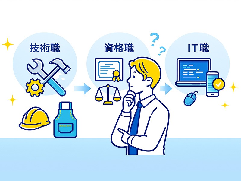 男性が手に職をつけるために技術職・IT職・資格職を比較するイメージイラスト