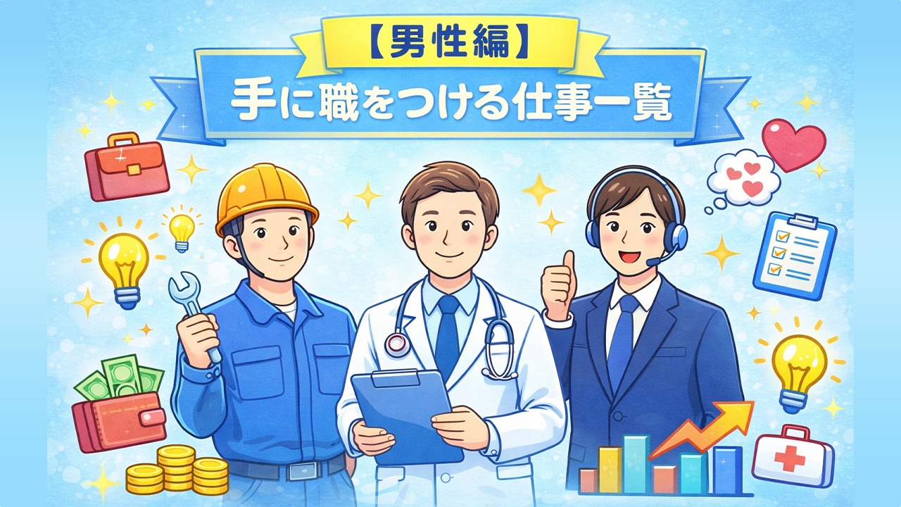 男性向けに手に職をつける仕事一覧を表したイラスト。作業員・医師・オフィスワーカーなど、専門スキルを活かして働く男性3人を描写。