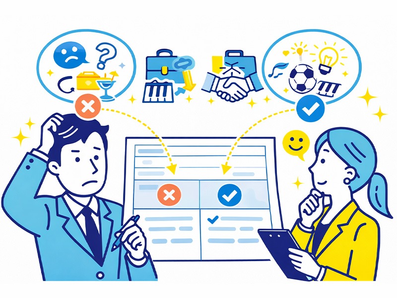 新卒の履歴書の書き方をイメージしたイラスト。本人希望欄や趣味・特技の内容を取捨選択しながら考えている様子を表現