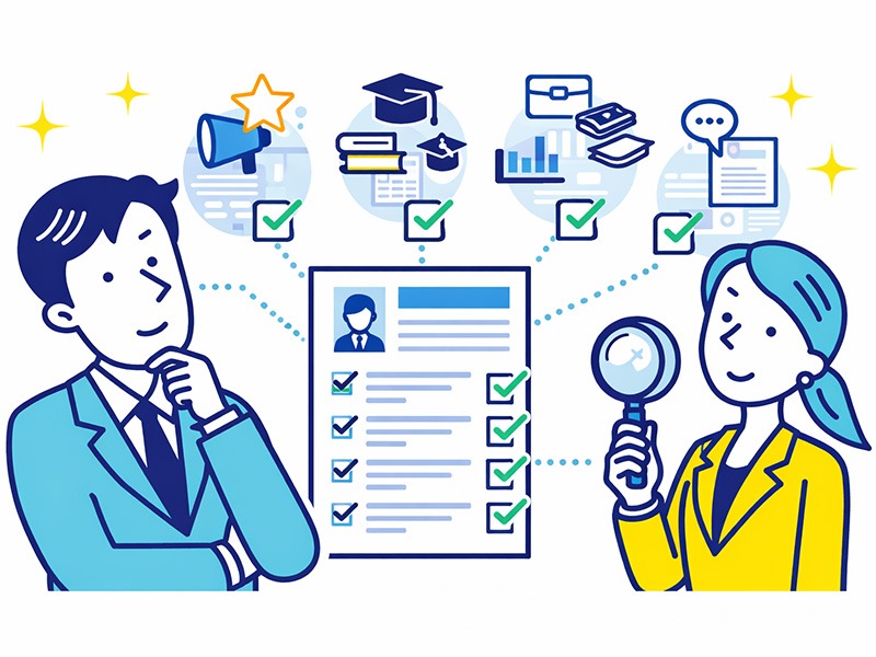 転職時の履歴書について中途採用の採用担当者が項目別に評価しているイメージイラスト