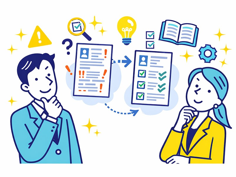 転職回数が多い人の履歴書を整理し、職歴を分かりやすく構造化する判断基準を示したイラスト