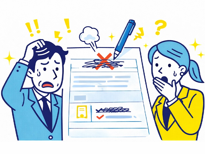 新卒の履歴書の書き方をイメージしたイラスト。表記ルールや記載ミスに気づき、細かな確認をしている様子を表現