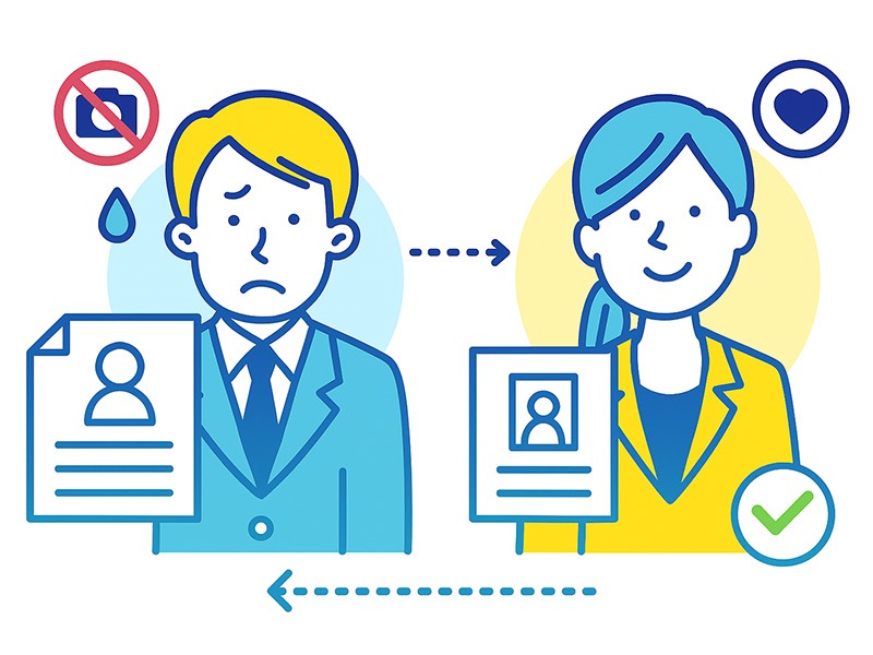 就活の履歴書で落ちる主な理由と改善策をテーマにしたイラスト。履歴書を見直す男女の就活生が、チェックリストや誤字マーク、写真アイコンを確認しながら改善点を探している様子を描いた青と黄色のフラットデザイン。