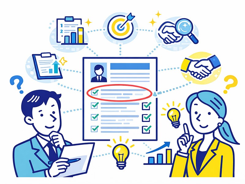 転職時の履歴書の書き方で志望動機や自己PRの例文構造を整理しているイメージイラスト