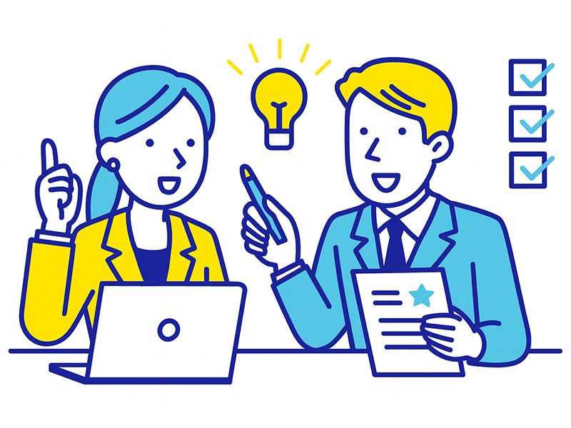 職務経歴書テンプレートの各項目の書き方と例文活用を表現したイラスト（職務要約・実績・工夫した点を整理する構造をイメージ）